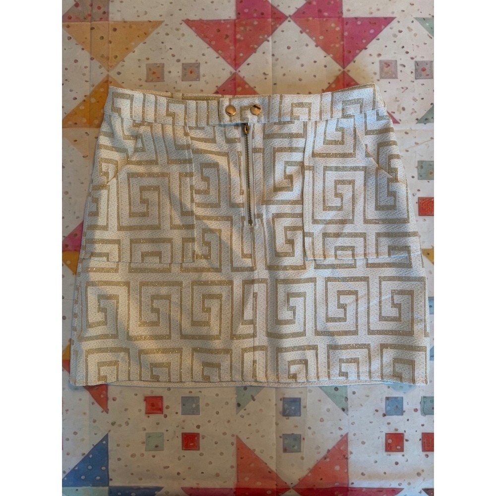 Vici Gold White Greek Key Metallic Mini Skirt Geometric Labyrinth Large